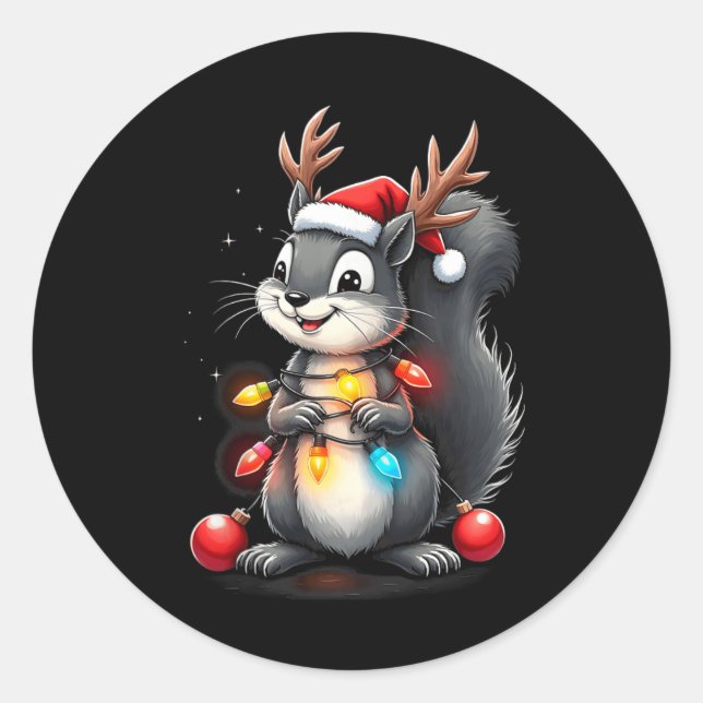 Squirrel Christmas 2024 With Lights &amp; Holiday  Classic Round Sticker (Front)