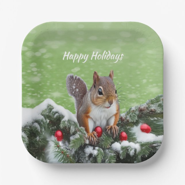 Squirrel Christmas Holidays Paper Plate (Front)