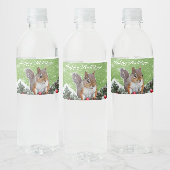 Squirrel Christmas Holidays Water Bottle Label (Bottles)