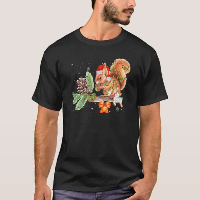 Squirrel Christmas Lights Decorations Santa Hat  X T-Shirt (Front)