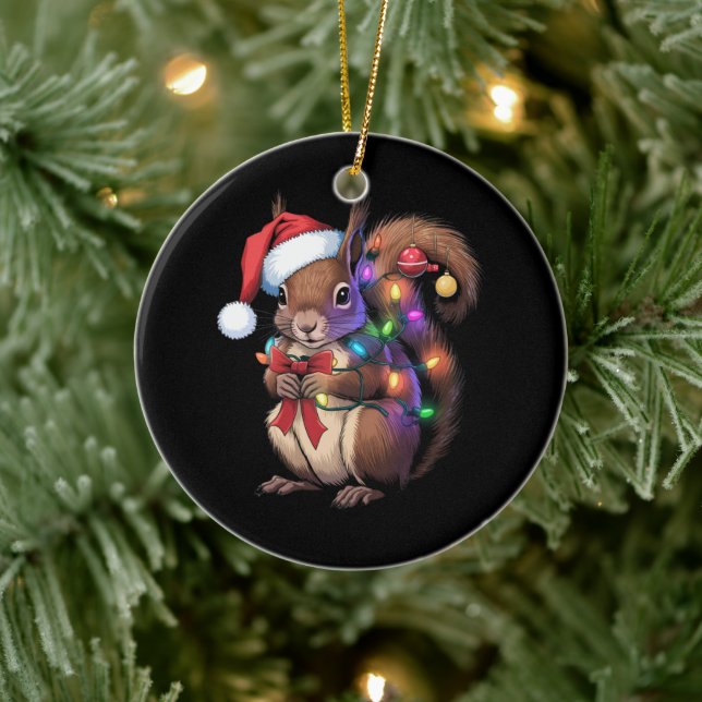 Squirrel Christmas Lights Xmas Party Family Ceramic Ornament (Tree)