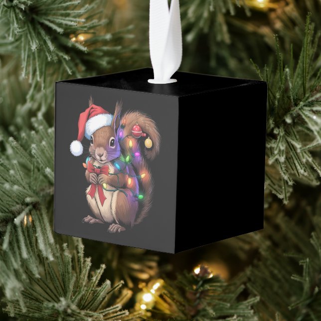 Squirrel Christmas Lights Xmas Party Family Cube Ornament (Tree)