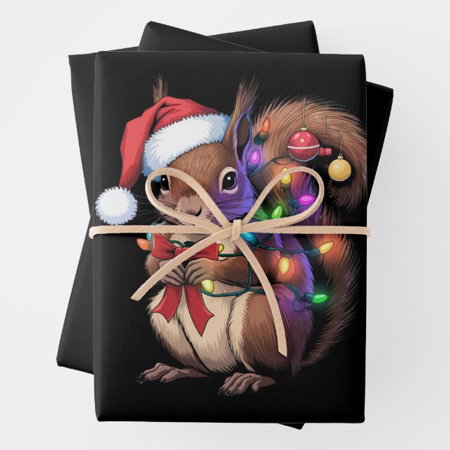 Squirrel Christmas Lights Xmas Party Family Wrapping Paper Sheets (In situ)