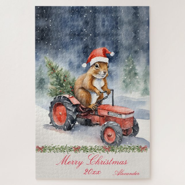 Squirrel Christmas Tractor Personalized  Jigsaw Puzzle (Vertical)