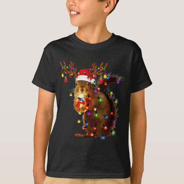 Squirrel Christmas Tree Lights Reindeer Santa Hat  T-Shirt (Front)
