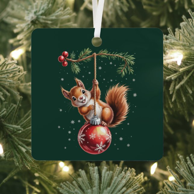 Squirrel Christmas Winter Snowflake Winter Holiday Metal Ornament (Insitu)