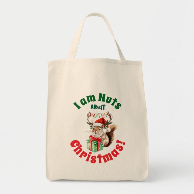 Squirrel Christmas with Antlers Lights Tote Bag (Front)