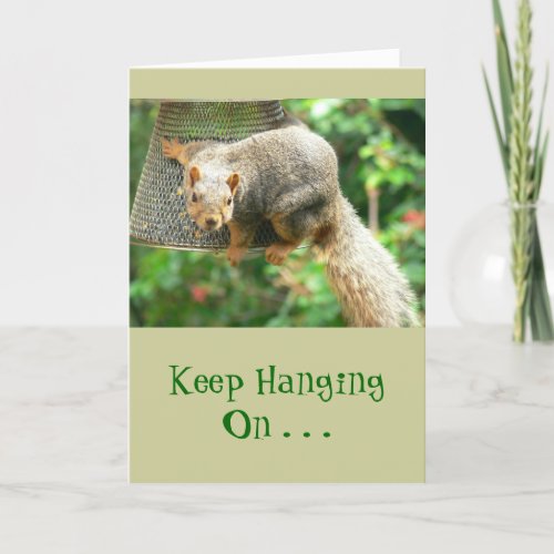 Squirrel Clinging to Birdfeeder Keep Hanging On Card