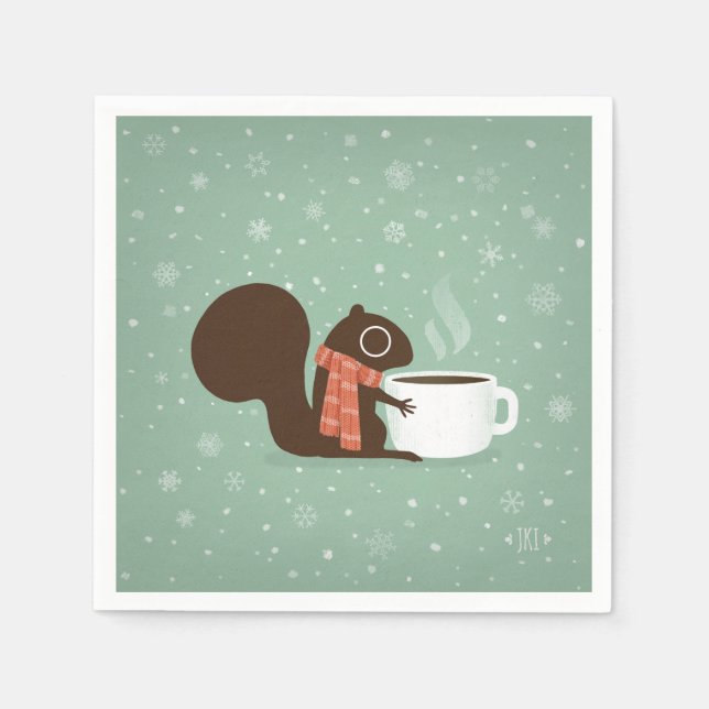 Squirrel Coffee Lover Woodland Winter Holiday Paper Napkins (Front)