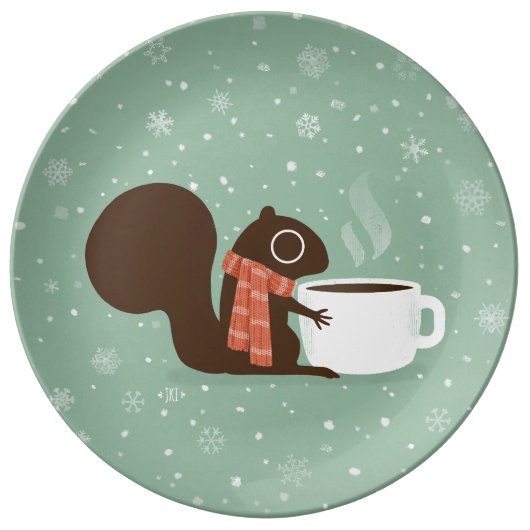Squirrel Coffee Lover Woodland Winter Holiday Porcelain Plate (Front)