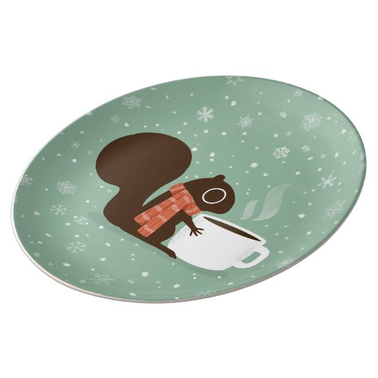 Squirrel Coffee Lover Woodland Winter Holiday Porcelain Plate (Side)