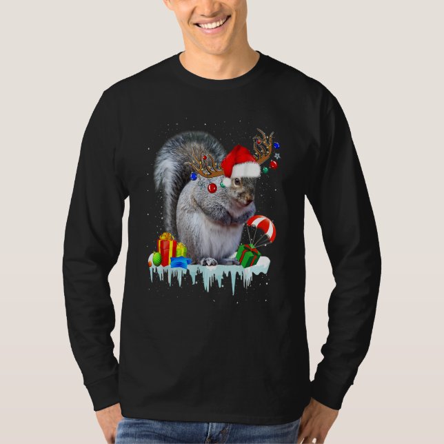 Squirrel Costume Santa Lights Hat Snowman Christma T-Shirt (Front)