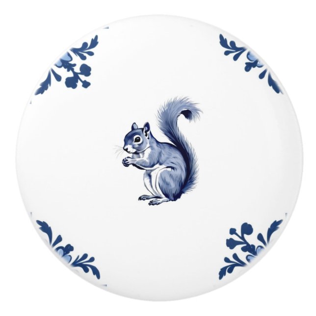 Squirrel Delft Blue White Corners Woodland Animals Ceramic Knob (Front)