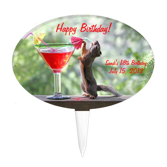 Squirrel Drinking a Cocktail at Happy Hour Cake Topper (Front)