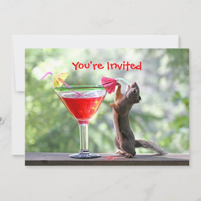 Squirrel Drinking a Cocktail at Happy Hour Invitation (Front)