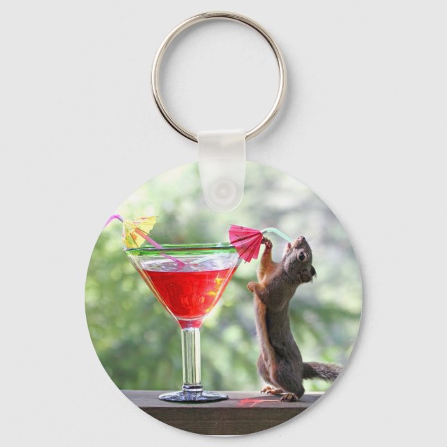 Squirrel Drinking a Cocktail at Happy Hour Keychain (Front)