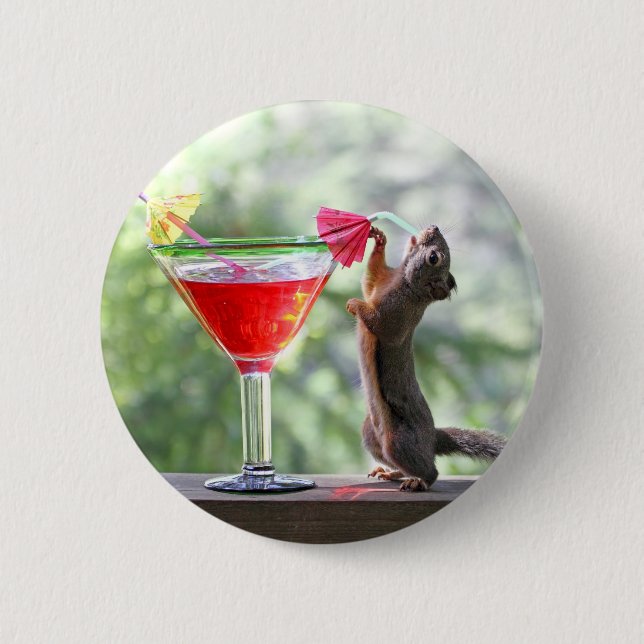 Squirrel Drinking a Cocktail at Happy Hour Pinback Button (Front)