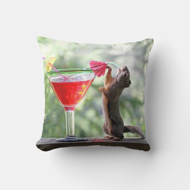 Squirrel Drinking a Cocktail at Happy Hour Throw Pillow (Front)