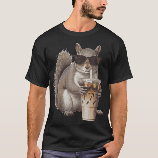 Squirrel Drinking Iced Coffee Lover Funny Animal T-Shirt (Front)