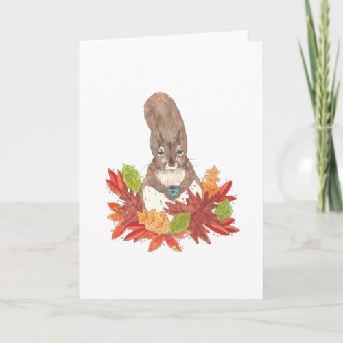 Squirrel Drinks Coffee in Fall Leaves Card