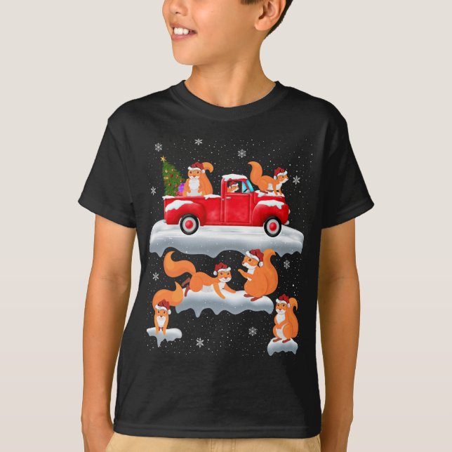 Squirrel Driving Christmas Tree Red Truck Squirrel T-Shirt (Front)