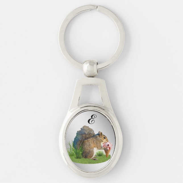 Squirrel Eating Ice Cream Cone, Monogram Keychain (Front)