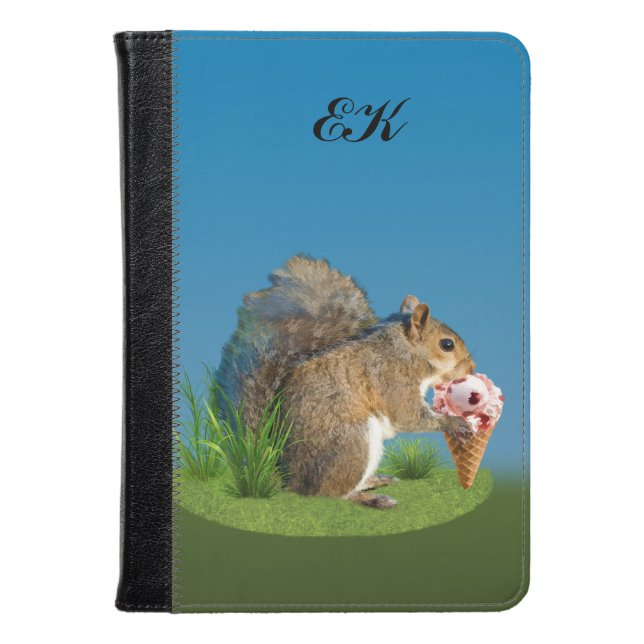 Squirrel Eating Ice Cream Cone, Monogram Kindle Case (Front Closed)