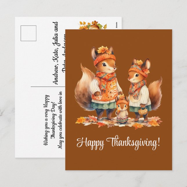 Squirrel Family Happy Thanksgiving Holiday Postcard (Front/Back)