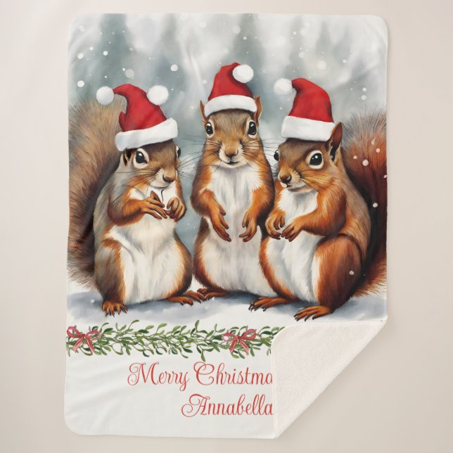 Squirrel Family Personalized Christmas  Sherpa Blanket (Front)