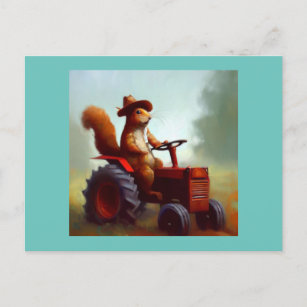 Squirrel Farmer on a Tractor Postcard