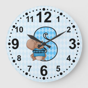 Squirrel for the Letter S in Blue Diamond Pattern Large Clock