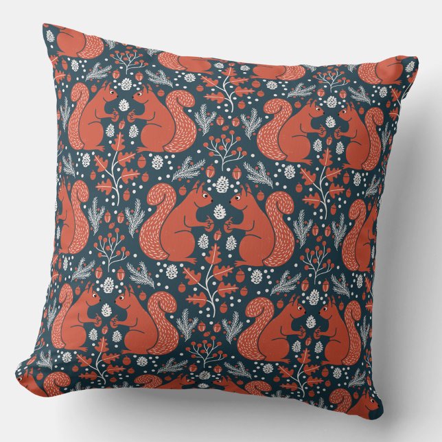 Squirrel Forest Woodland Pattern Throw Pillow (Squirrels in the Forest woodland art throw pillow)