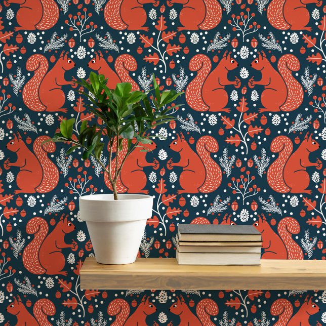 Squirrel Forest Woodland Pattern Wallpaper (Modern Squirrell woodland forest peel and stick wallpaper)