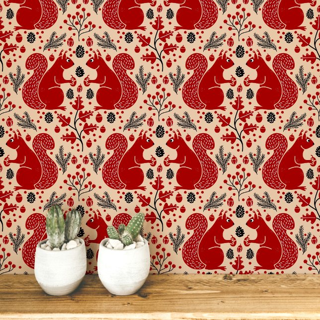 Squirrel Forest Woodland Pattern Wallpaper (Modern squirrel woodland forest pattern peel and stick wallpaper)