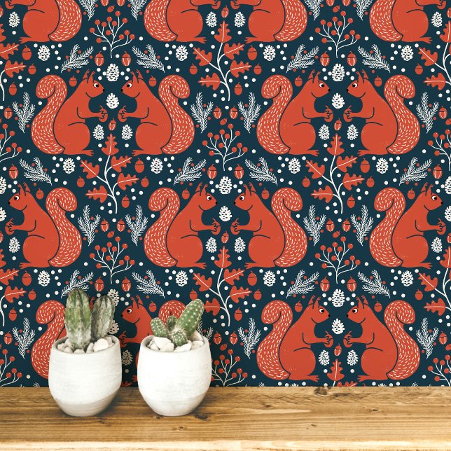 Squirrel Forest Woodland Pattern Wallpaper (Modern Squirrel woodland forest folk art peel and stick wallpaper)