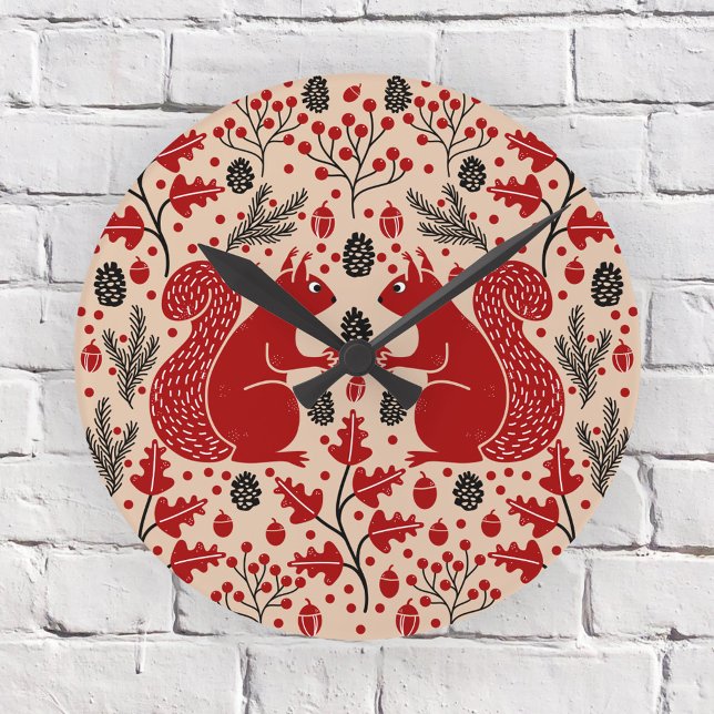 Squirrel Forest Woodland Round Clock (Squirrel in the Forest pattern woodland wall clock)