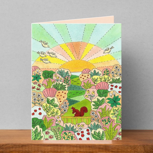 Squirrel Garden Sunrise Drawing Blank Card (Creator Uploaded)