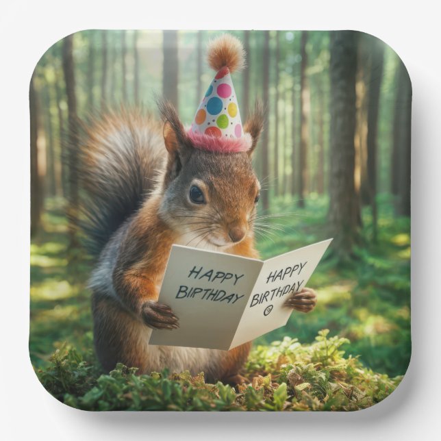 Squirrel Holding a Birthday Card Paper Plates (Front)