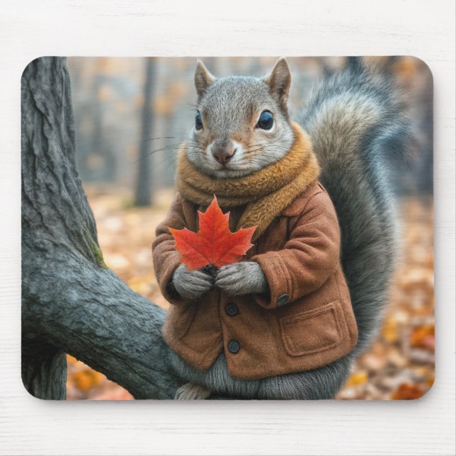 Squirrel Holding a Red Maple Leaf Mouse Pad (Front)