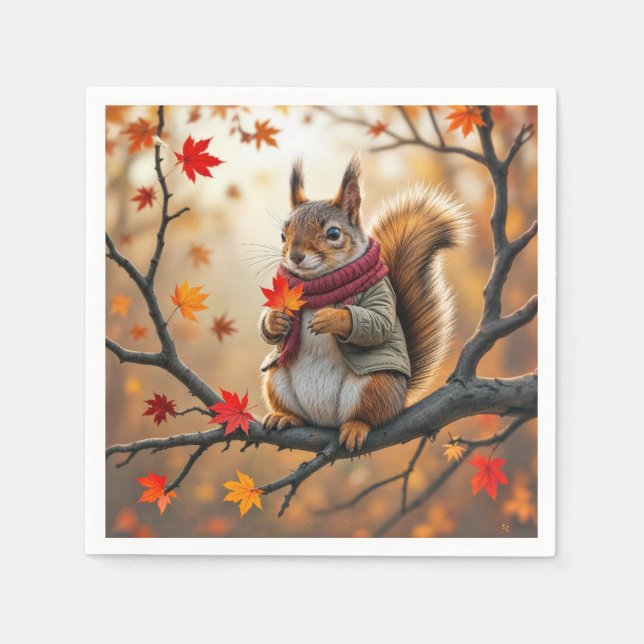 Squirrel Holding an Autumn Maple Leaf Napkins (Front)