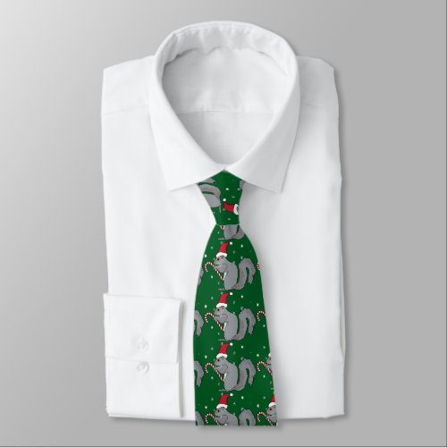 Squirrel Holding Candy Cane and Wearing Santa Hat Neck Tie