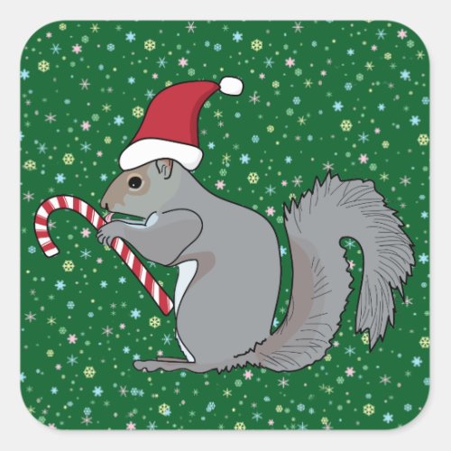 Squirrel Holding Candy Cane and Wearing Santa Hat Square Sticker