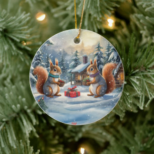 Squirrel Holiday Design By Rich AMeN Gill Ceramic Ornament