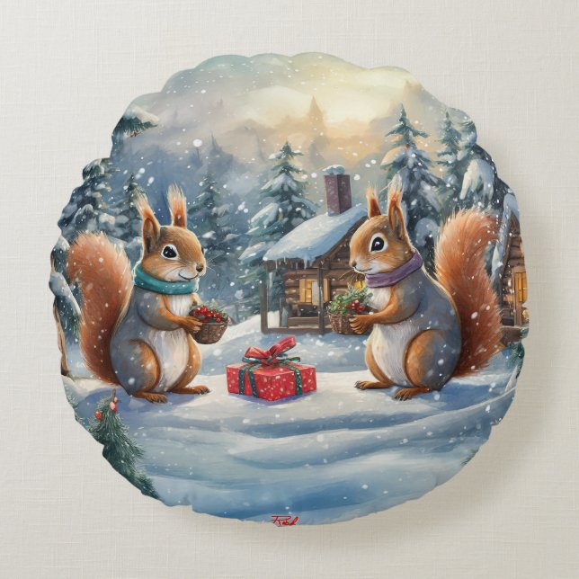 Squirrel Holiday Design By Rich AMeN Gill Round Pillow (Front)