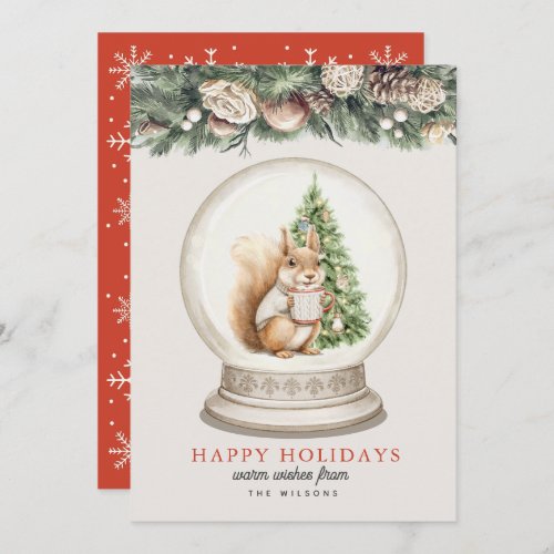 Squirrel Hot Choclate Snow Grobe Holiday Card