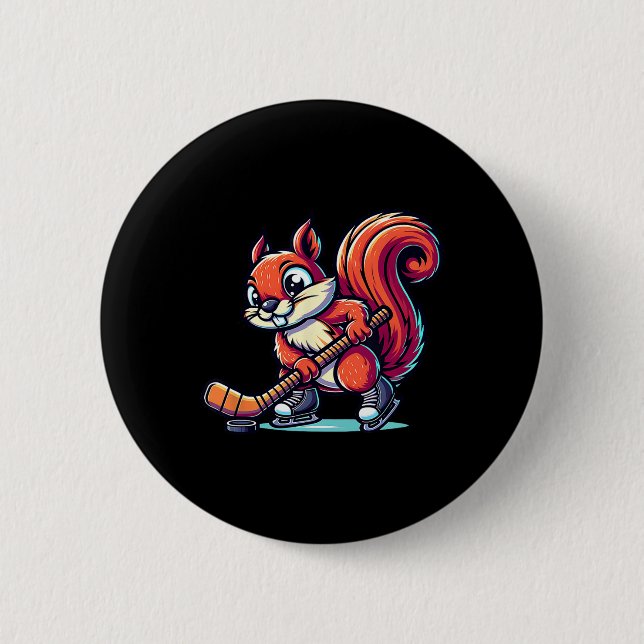Squirrel Ice Hockey Player Fun Graphic  Button (Front)