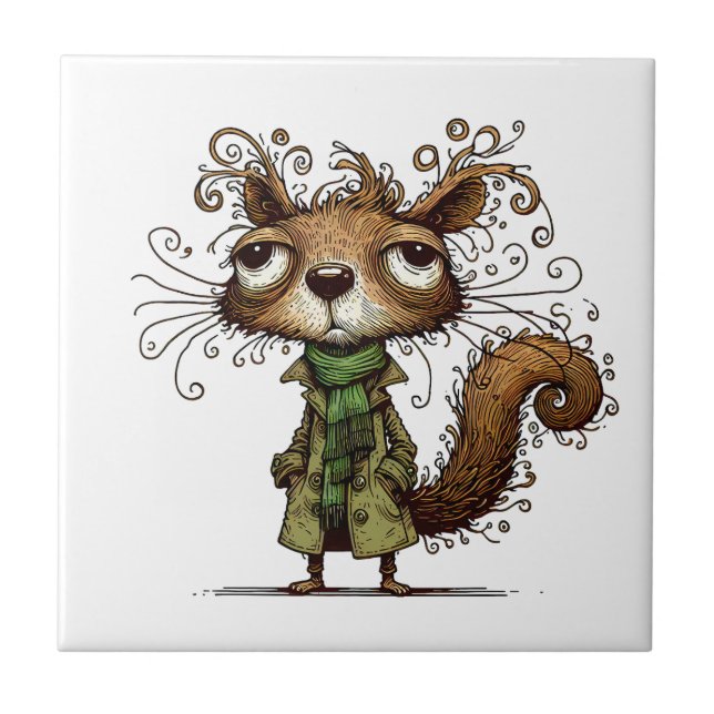Squirrel in a Green Trenchcoat Ceramic Tile (Front)