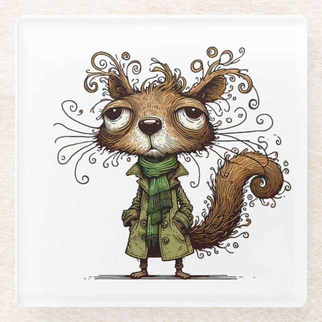 Squirrel in a Green Trenchcoat Glass Coaster (Front)