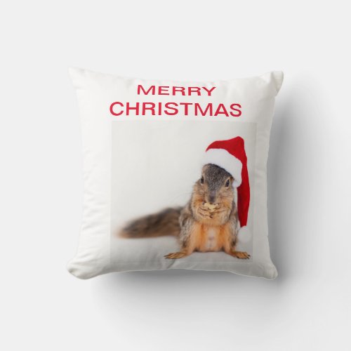 Squirrel in a Santa Hat Christmas Throw Pillow