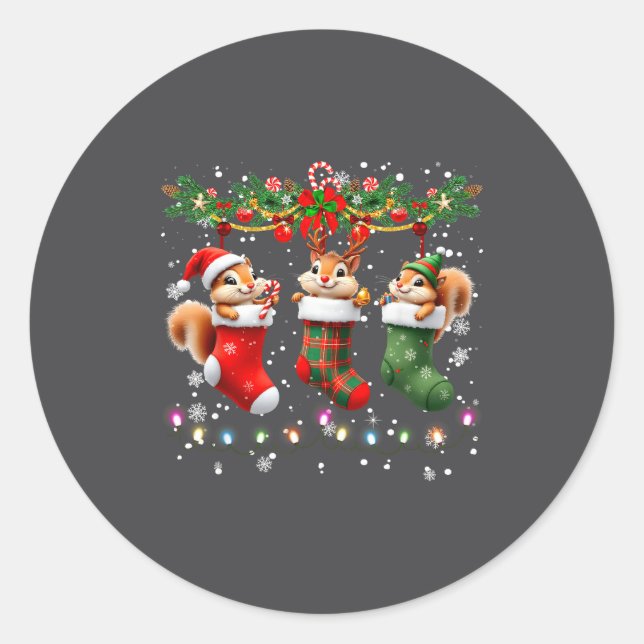 Squirrel In Christmas Socks Lights Squirrel Xmas  Classic Round Sticker (Front)
